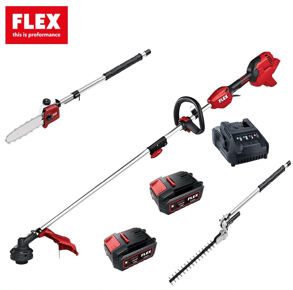 FLEX 18V Akku-Multitool-Set Antrieb/Rasentrimmer/Heckenschere/Hochentaster 5,0Ah