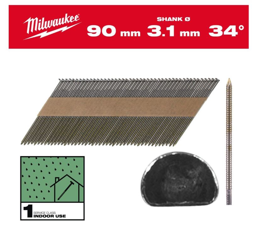 Milwaukee D-Kopf-Nägel 7,4x3,1x90mm Ring blank 34°(2200St) Milwaukee D-Kopf-Nägel 7,4x3,1x90mm Ring blank 34°(2200St)