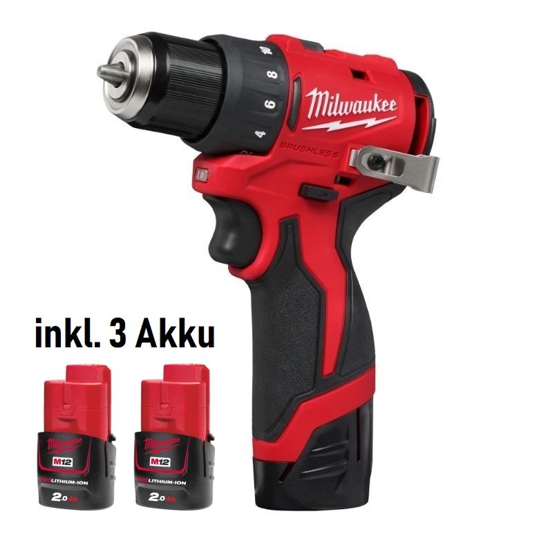 Milwaukee M12BLDDRC-302C Akku-Borhschrauber bürstenlos 3x Akku 12V 2Ah
