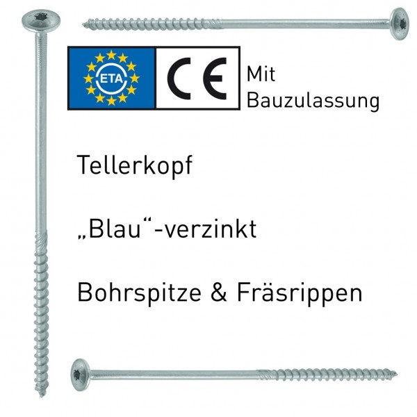Holzbauschrauben Tellerkopf verzinkt ETA-Bauzulassung (50er, 100er Pack)